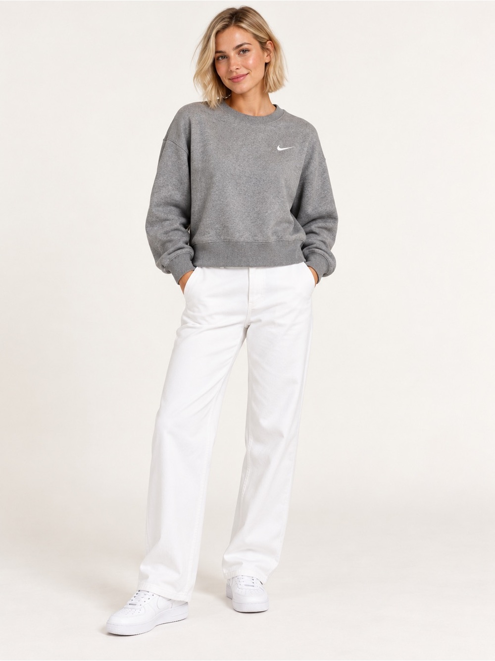 Nike Women’s Light Gray Crew Sweatshirt with White Swoosh
